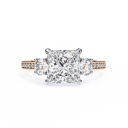 Princess Cut Lab Grown Diamond Three Stone Engagement Ring with Round Sides and Pavé Band