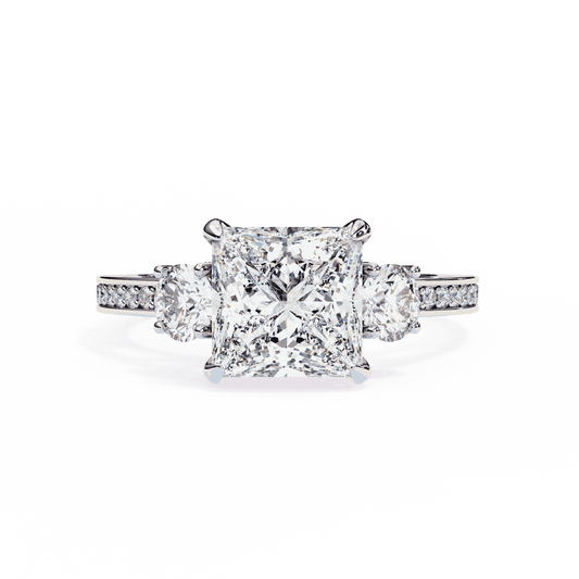 Princess Cut Lab Grown Diamond Three Stone Engagement Ring with Round Sides and Pavé Band