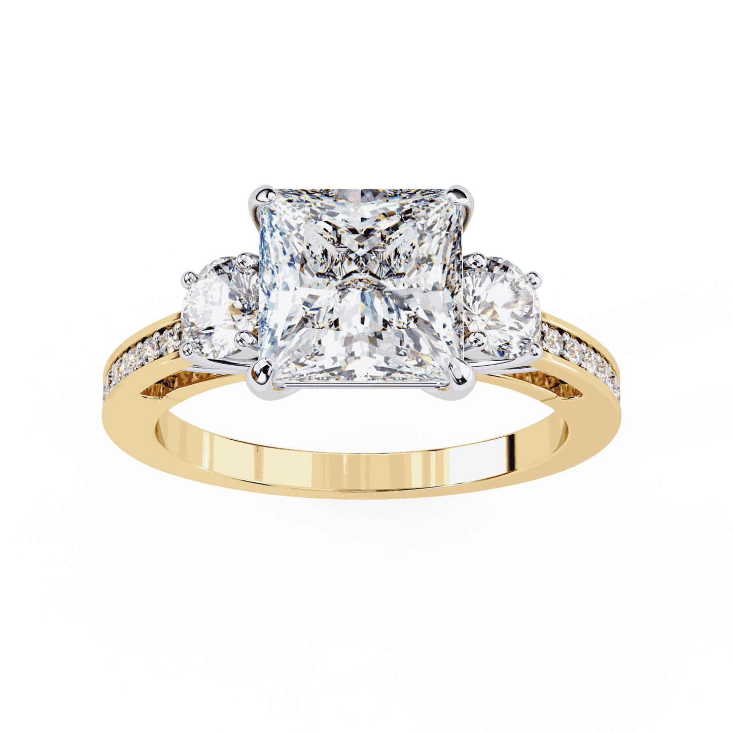 Princess Cut Lab Grown Diamond Three Stone Engagement Ring with Round Sides and Pavé Band