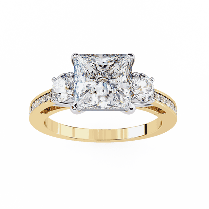 Princess Cut Lab Grown Diamond Three Stone Engagement Ring with Round Sides and Pavé Band