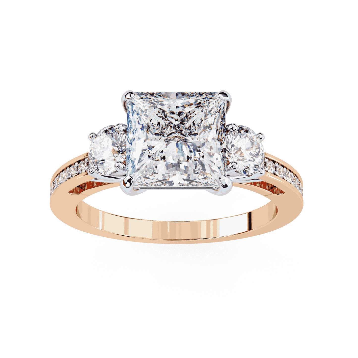 Princess Cut Lab Grown Diamond Three Stone Engagement Ring with Round Sides and Pavé Band