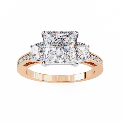 Princess Cut Lab Grown Diamond Three Stone Engagement Ring with Round Sides and Pavé Band