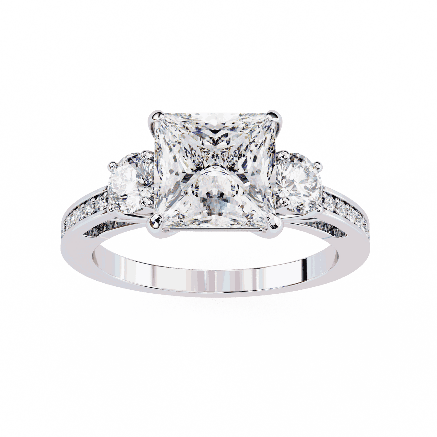 Princess Cut Lab Grown Diamond Three Stone Engagement Ring with Round Sides and Pavé Band