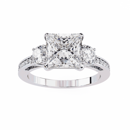 Princess Cut Lab Grown Diamond Three Stone Engagement Ring with Round Sides and Pavé Band