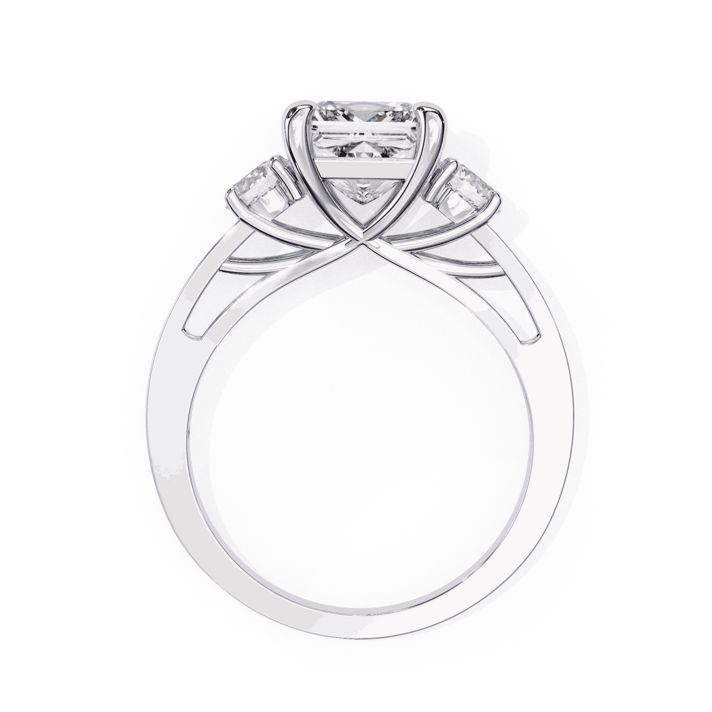 Princess Cut Lab Grown Diamond Three Stone Engagement Ring with Round Sides and Pavé Band