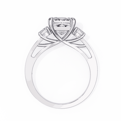 Princess Cut Lab Grown Diamond Three Stone Engagement Ring with Round Sides and Pavé Band