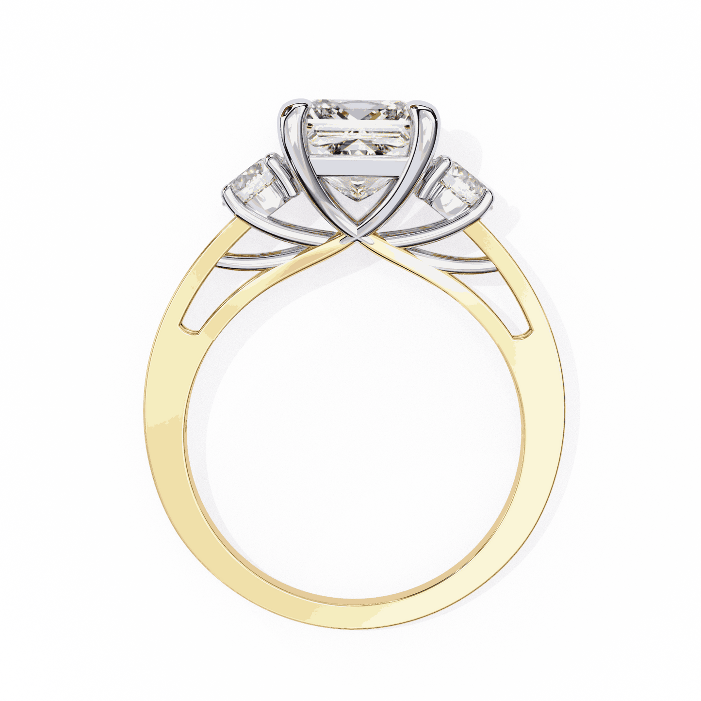 Princess Cut Lab Grown Diamond Three Stone Engagement Ring with Round Sides and Pavé Band