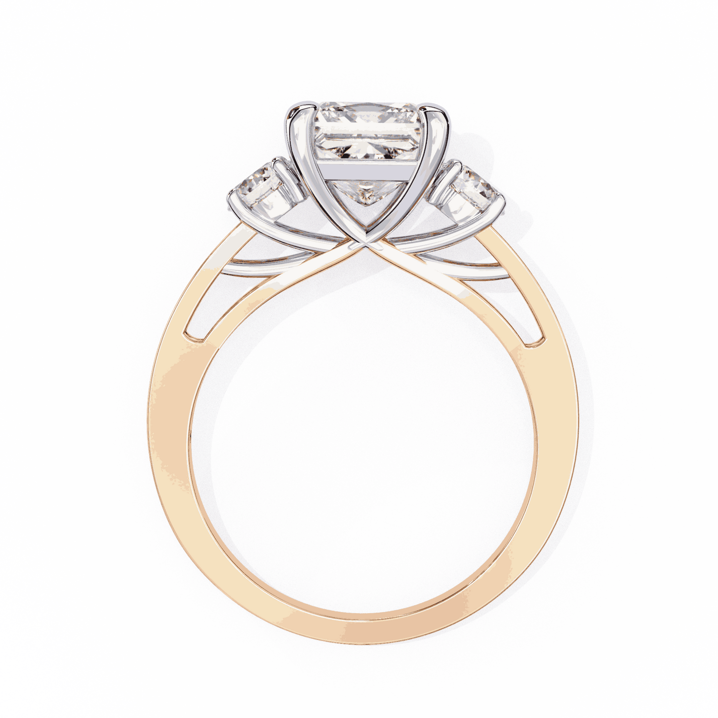 Princess Cut Lab Grown Diamond Three Stone Engagement Ring with Round Sides and Pavé Band