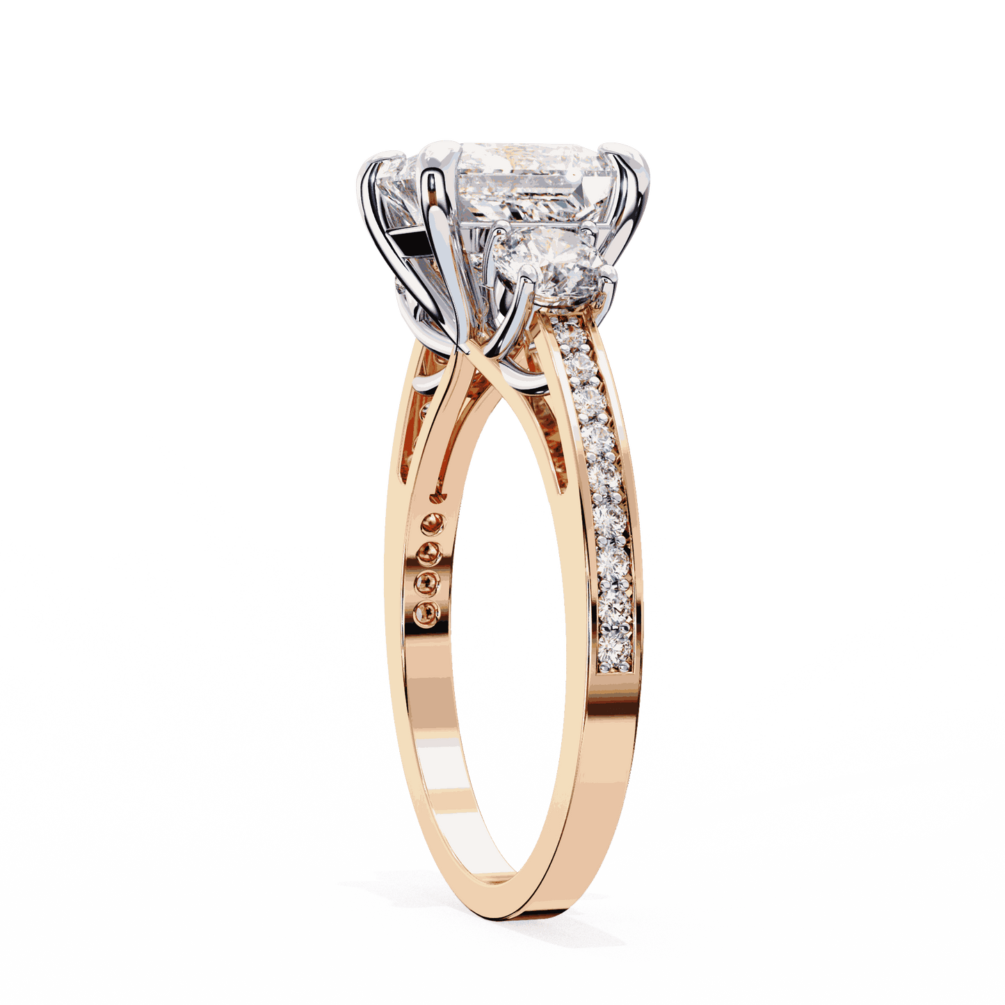 Princess Cut Lab Grown Diamond Three Stone Engagement Ring with Round Sides and Pavé Band