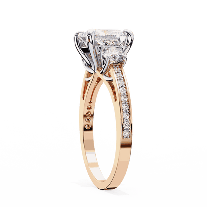 Princess Cut Lab Grown Diamond Three Stone Engagement Ring with Round Sides and Pavé Band