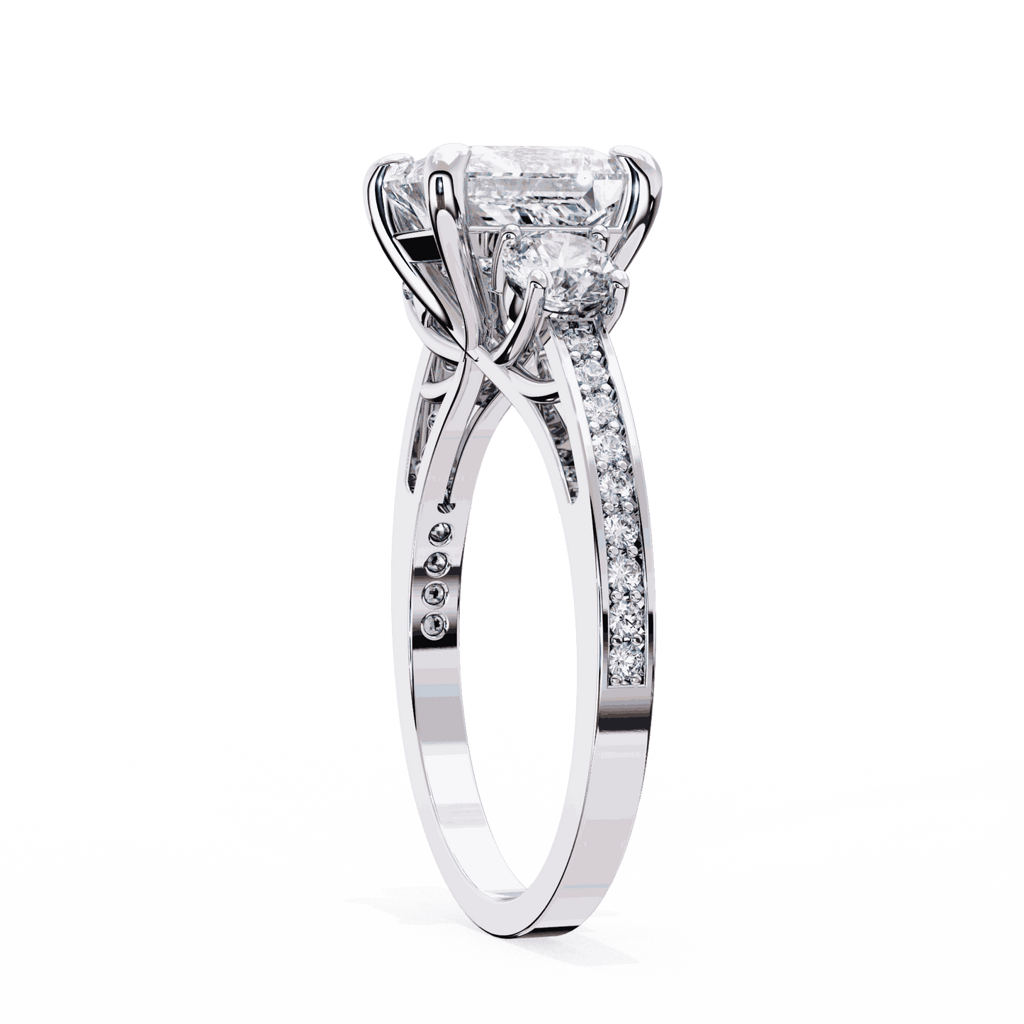 Princess Cut Lab Grown Diamond Three Stone Engagement Ring with Round Sides and Pavé Band