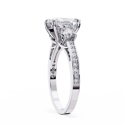 Princess Cut Lab Grown Diamond Three Stone Engagement Ring with Round Sides and Pavé Band