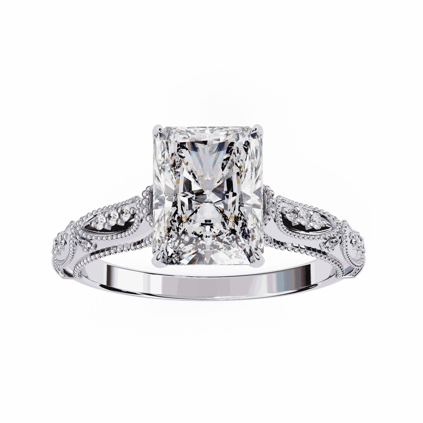 Radiant Cut Lab Grown Diamond Solitaire Engagement Ring with Vintage Milgrain Marquise Stations