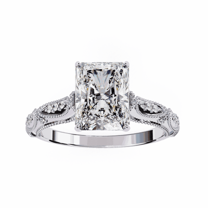 Radiant Cut Lab Grown Diamond Solitaire Engagement Ring with Vintage Milgrain Marquise Stations
