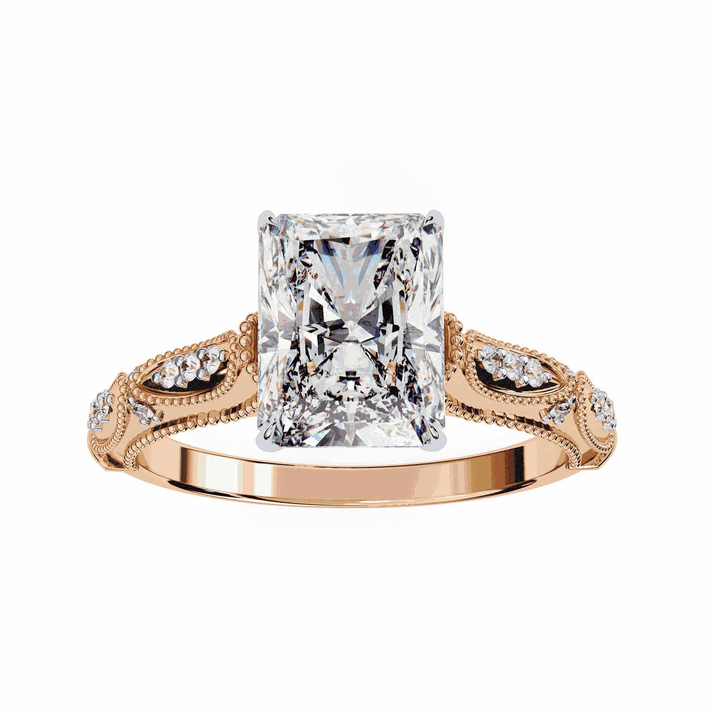 Radiant Cut Lab Grown Diamond Solitaire Engagement Ring with Vintage Milgrain Marquise Stations