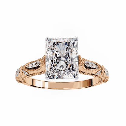 Radiant Cut Lab Grown Diamond Solitaire Engagement Ring with Vintage Milgrain Marquise Stations