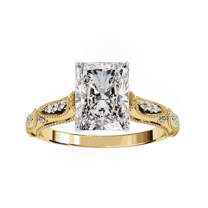Radiant Cut Lab Grown Diamond Solitaire Engagement Ring with Vintage Milgrain Marquise Stations