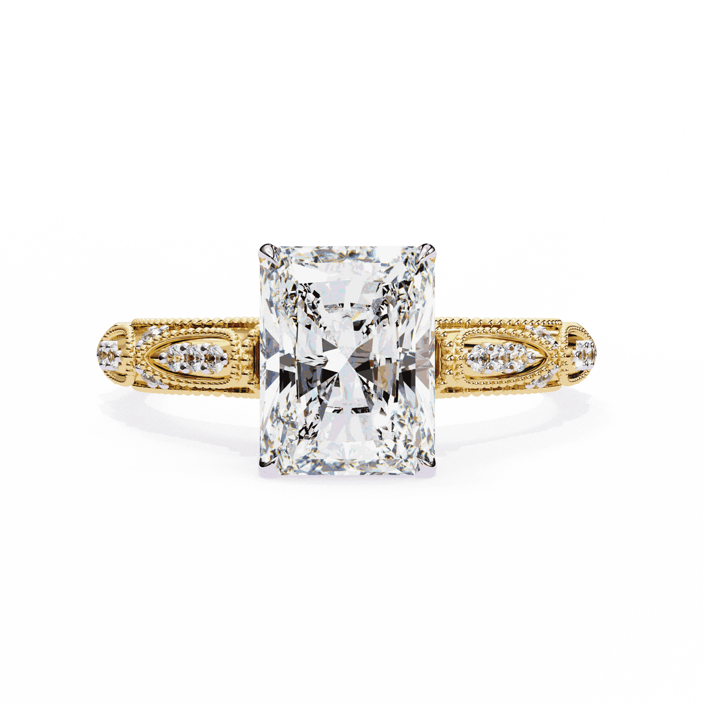Radiant Cut Lab Grown Diamond Solitaire Engagement Ring with Vintage Milgrain Marquise Stations