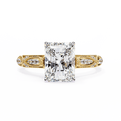 Radiant Cut Lab Grown Diamond Solitaire Engagement Ring with Vintage Milgrain Marquise Stations