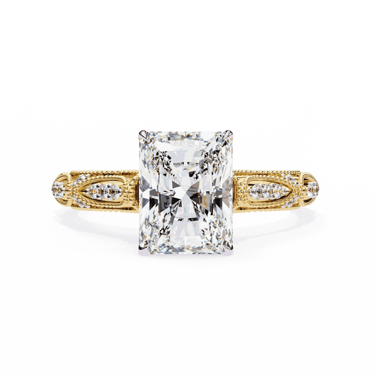 Radiant Cut Lab Grown Diamond Solitaire Engagement Ring with Vintage Milgrain Marquise Stations