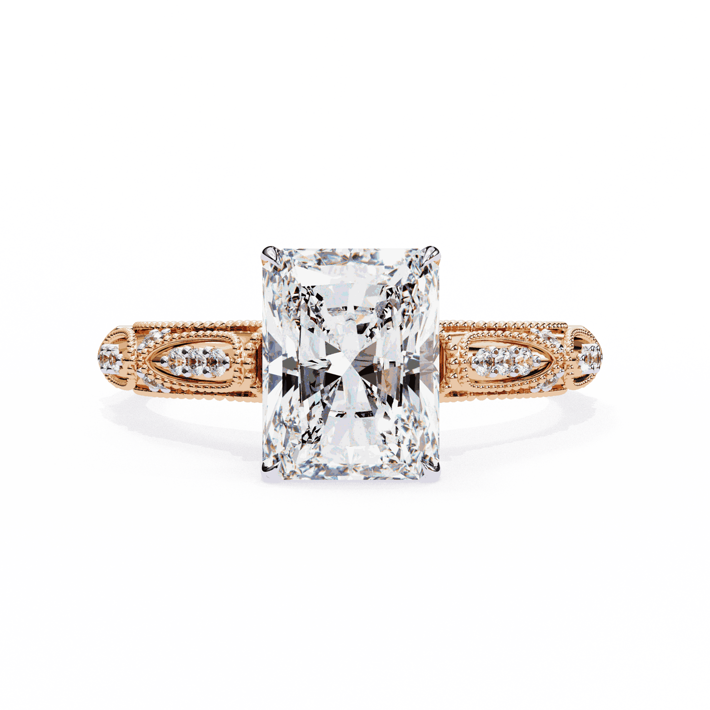 Radiant Cut Lab Grown Diamond Solitaire Engagement Ring with Vintage Milgrain Marquise Stations