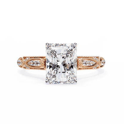 Radiant Cut Lab Grown Diamond Solitaire Engagement Ring with Vintage Milgrain Marquise Stations