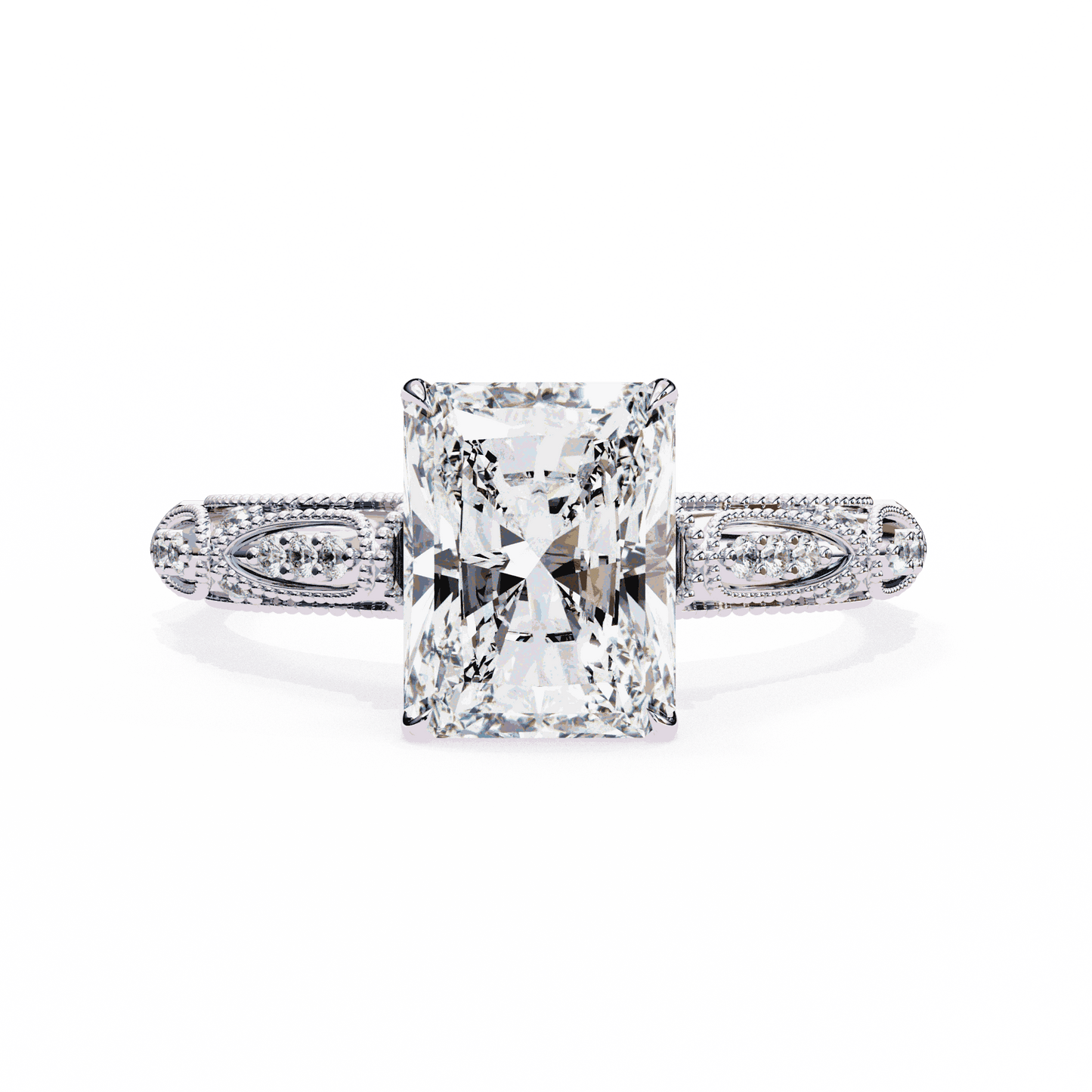 Radiant Cut Lab Grown Diamond Solitaire Engagement Ring with Vintage Milgrain Marquise Stations