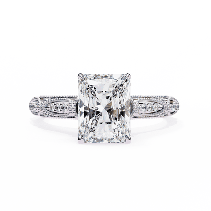 Radiant Cut Lab Grown Diamond Solitaire Engagement Ring with Vintage Milgrain Marquise Stations