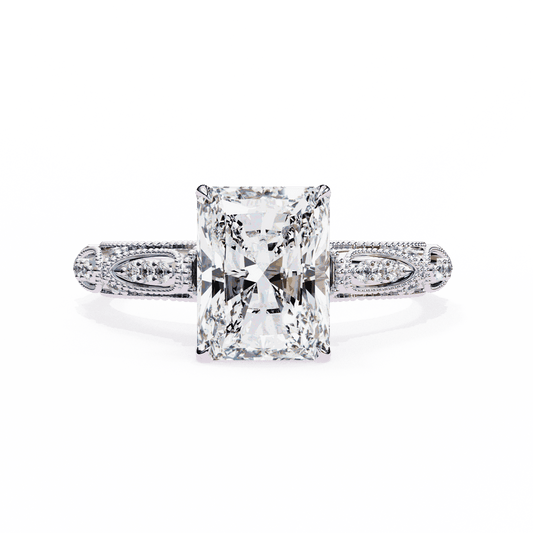 Radiant Cut Lab Grown Diamond Solitaire Engagement Ring with Vintage Milgrain Marquise Stations