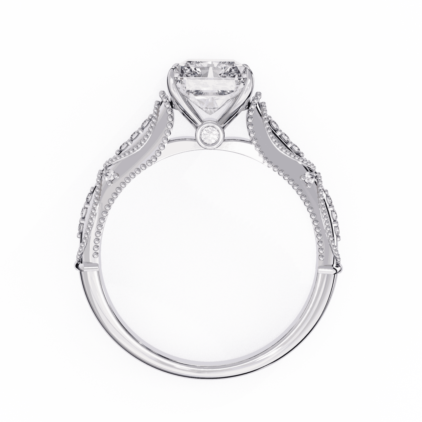 Radiant Cut Lab Grown Diamond Solitaire Engagement Ring with Vintage Milgrain Marquise Stations