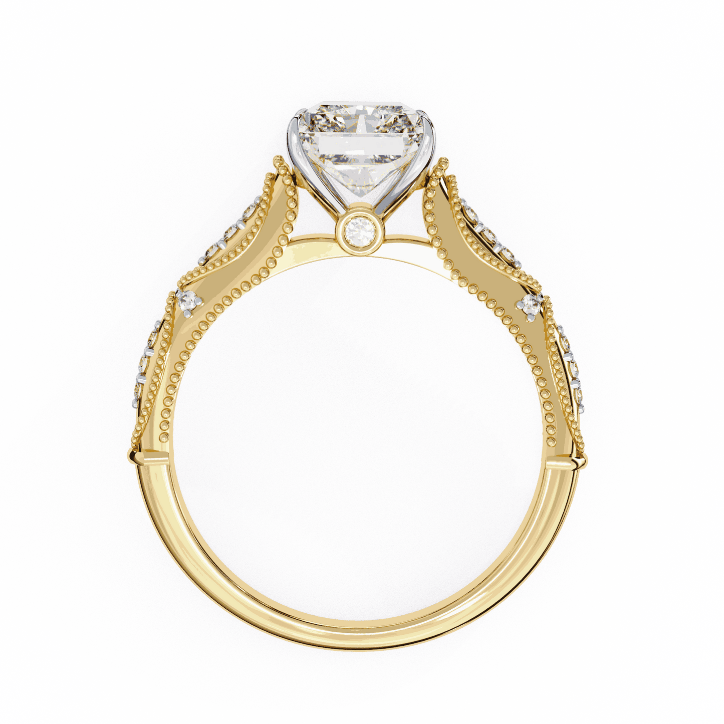 Radiant Cut Lab Grown Diamond Solitaire Engagement Ring with Vintage Milgrain Marquise Stations