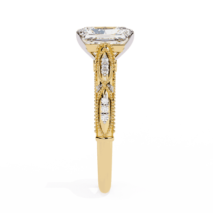 Radiant Cut Lab Grown Diamond Solitaire Engagement Ring with Vintage Milgrain Marquise Stations