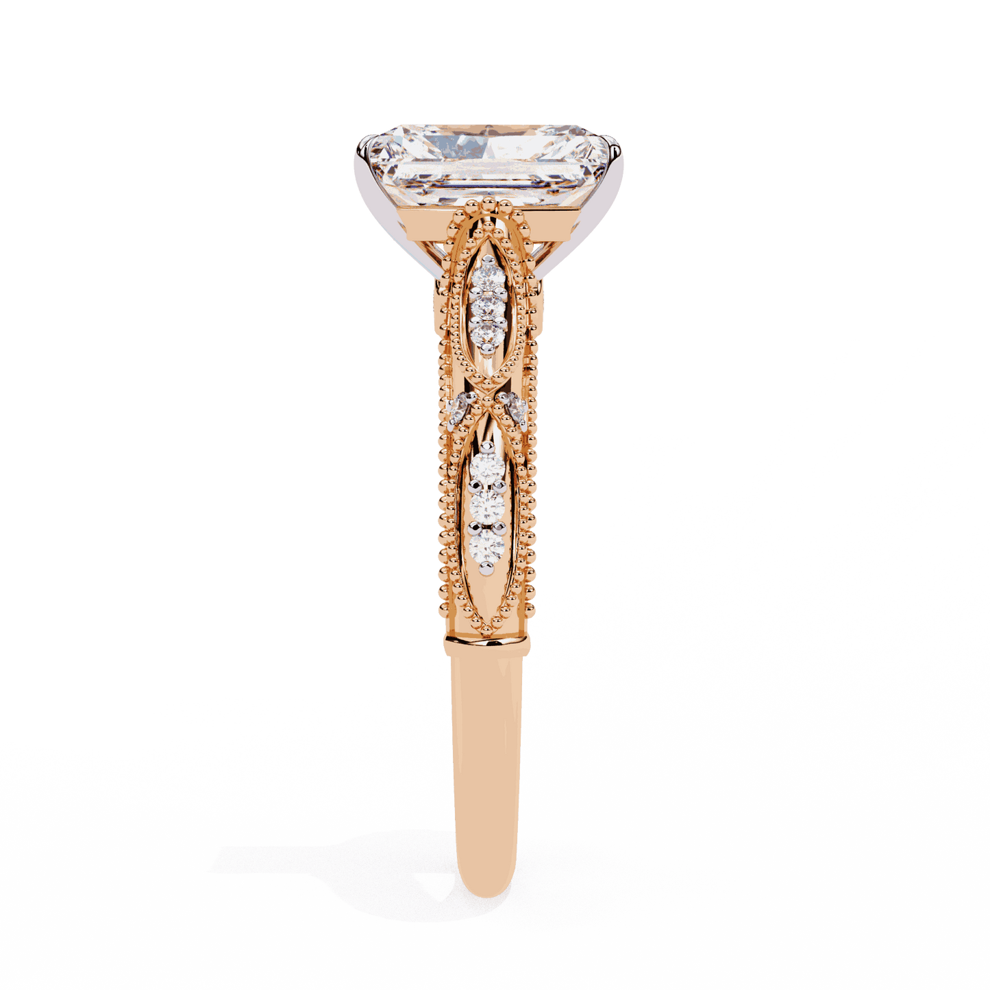 Radiant Cut Lab Grown Diamond Solitaire Engagement Ring with Vintage Milgrain Marquise Stations