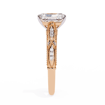 Radiant Cut Lab Grown Diamond Solitaire Engagement Ring with Vintage Milgrain Marquise Stations