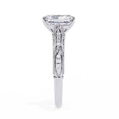 Radiant Cut Lab Grown Diamond Solitaire Engagement Ring with Vintage Milgrain Marquise Stations