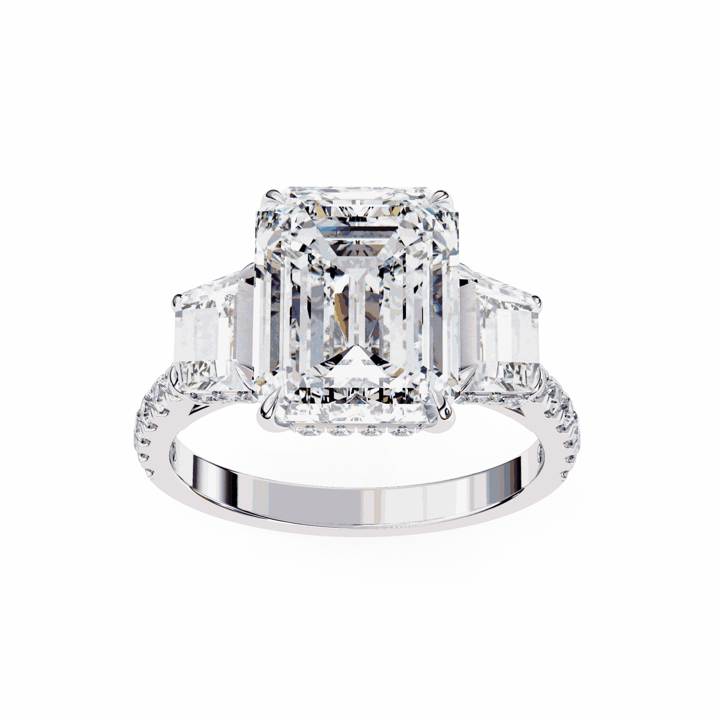 Emerald Cut Lab Grown Diamond Three Stone Engagement Ring with Emerald Sides and Pavé Band