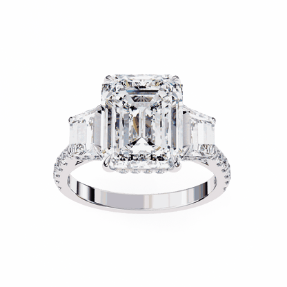 Emerald Cut Lab Grown Diamond Three Stone Engagement Ring with Emerald Sides and Pavé Band