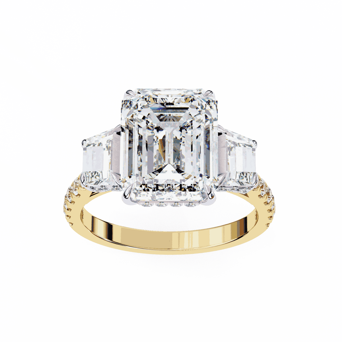 Emerald Cut Lab Grown Diamond Three Stone Engagement Ring with Emerald Sides and Pavé Band