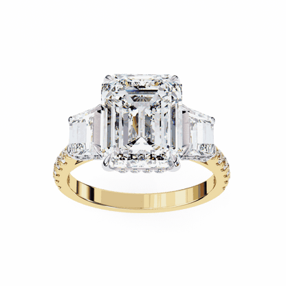 Emerald Cut Lab Grown Diamond Three Stone Engagement Ring with Emerald Sides and Pavé Band