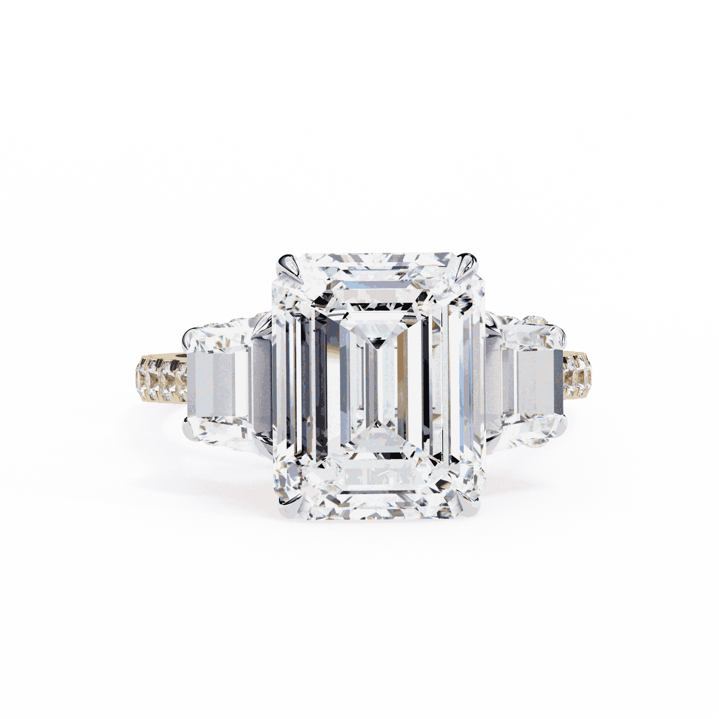 Emerald Cut Lab Grown Diamond Three Stone Engagement Ring with Emerald Sides and Pavé Band