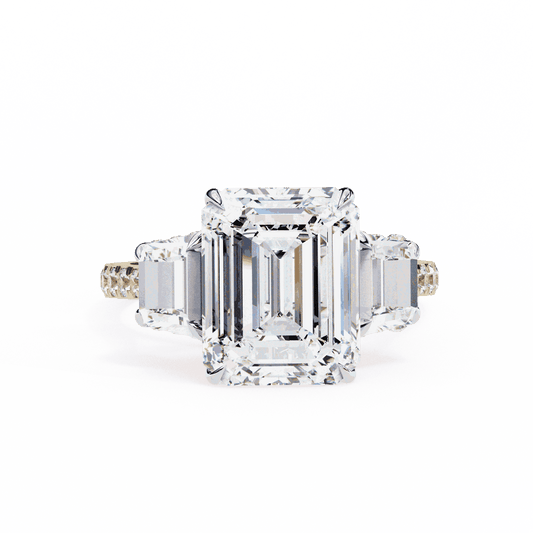 Emerald Cut Lab Grown Diamond Three Stone Engagement Ring with Emerald Sides and Pavé Band