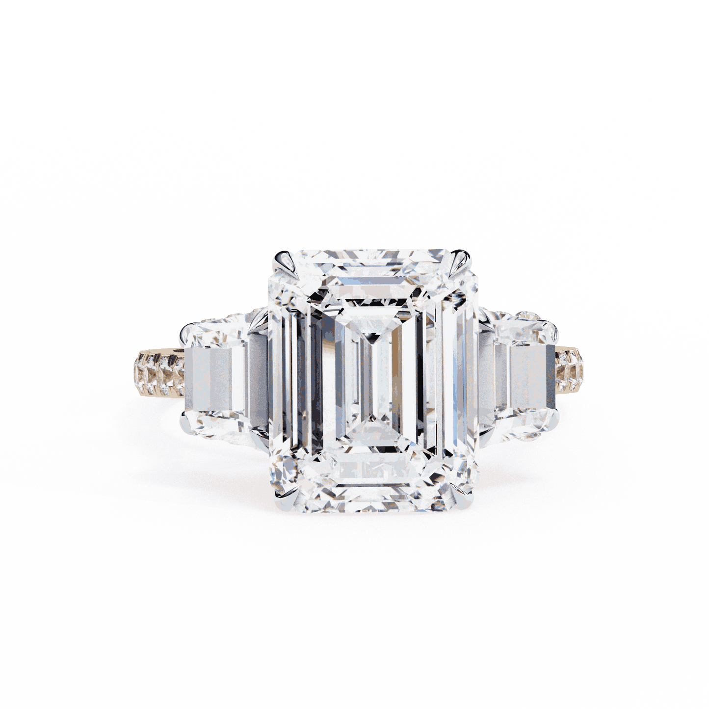 Emerald Cut Lab Grown Diamond Three Stone Engagement Ring with Emerald Sides and Pavé Band
