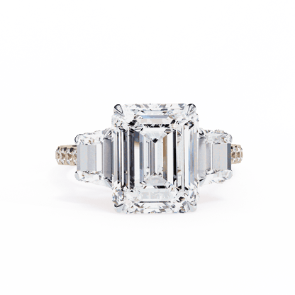 Emerald Cut Lab Grown Diamond Three Stone Engagement Ring with Emerald Sides and Pavé Band