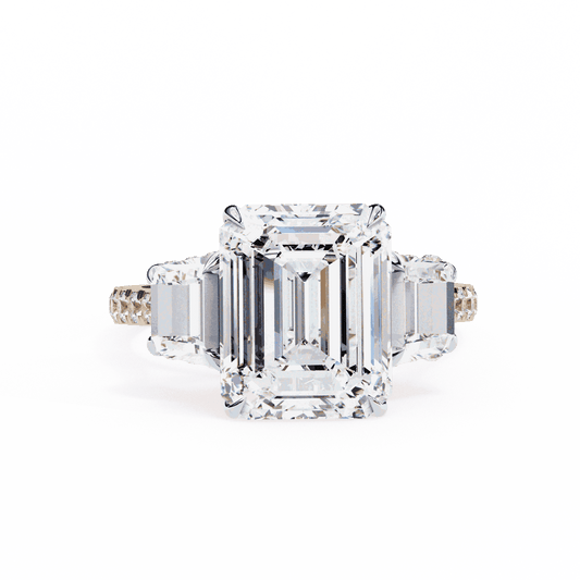 Emerald Cut Lab Grown Diamond Three Stone Engagement Ring with Emerald Sides and Pavé Band
