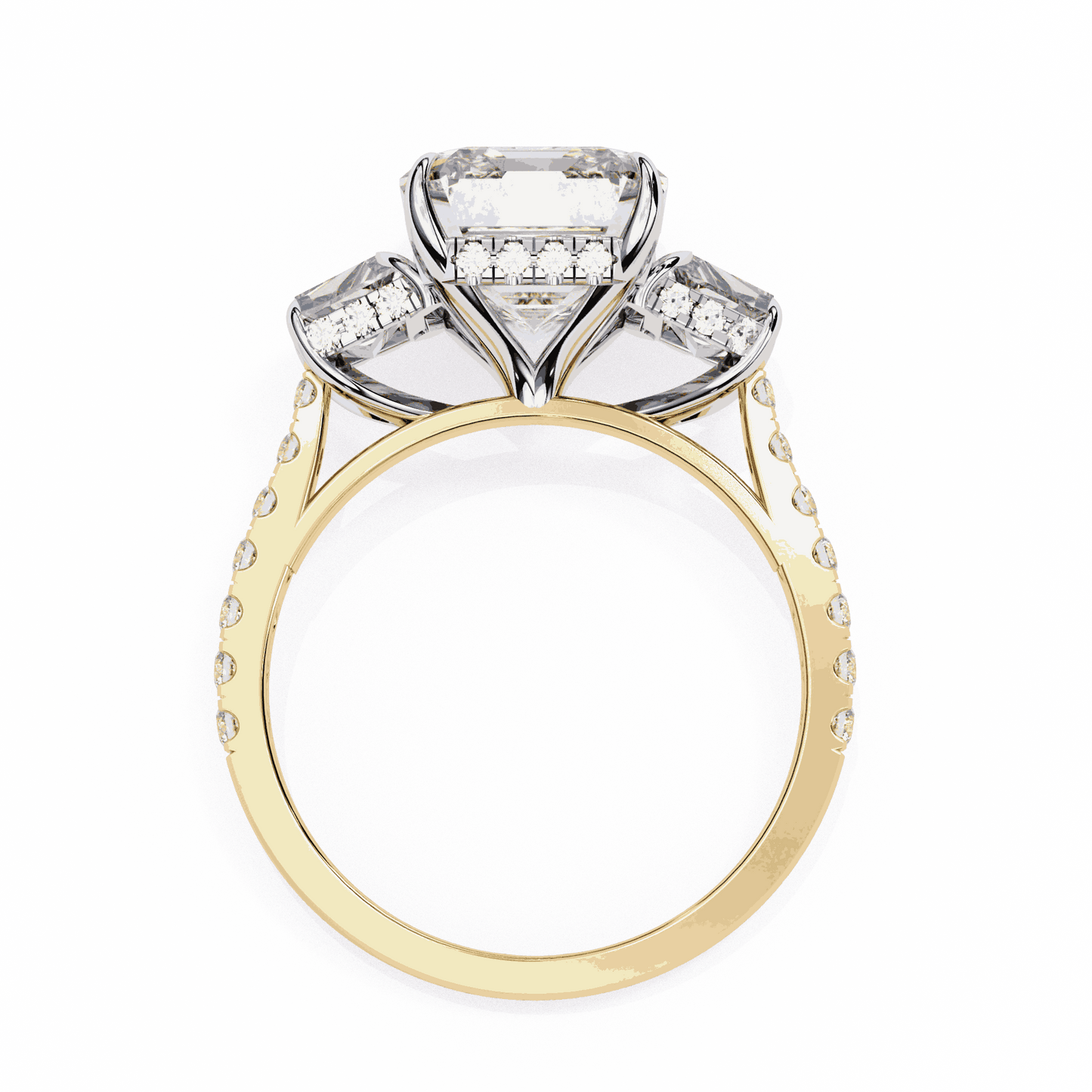 Emerald Cut Lab Grown Diamond Three Stone Engagement Ring with Emerald Sides and Pavé Band