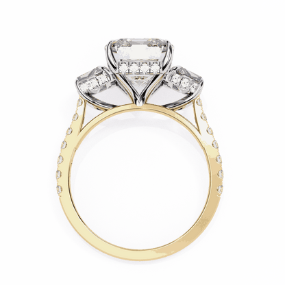 Emerald Cut Lab Grown Diamond Three Stone Engagement Ring with Emerald Sides and Pavé Band