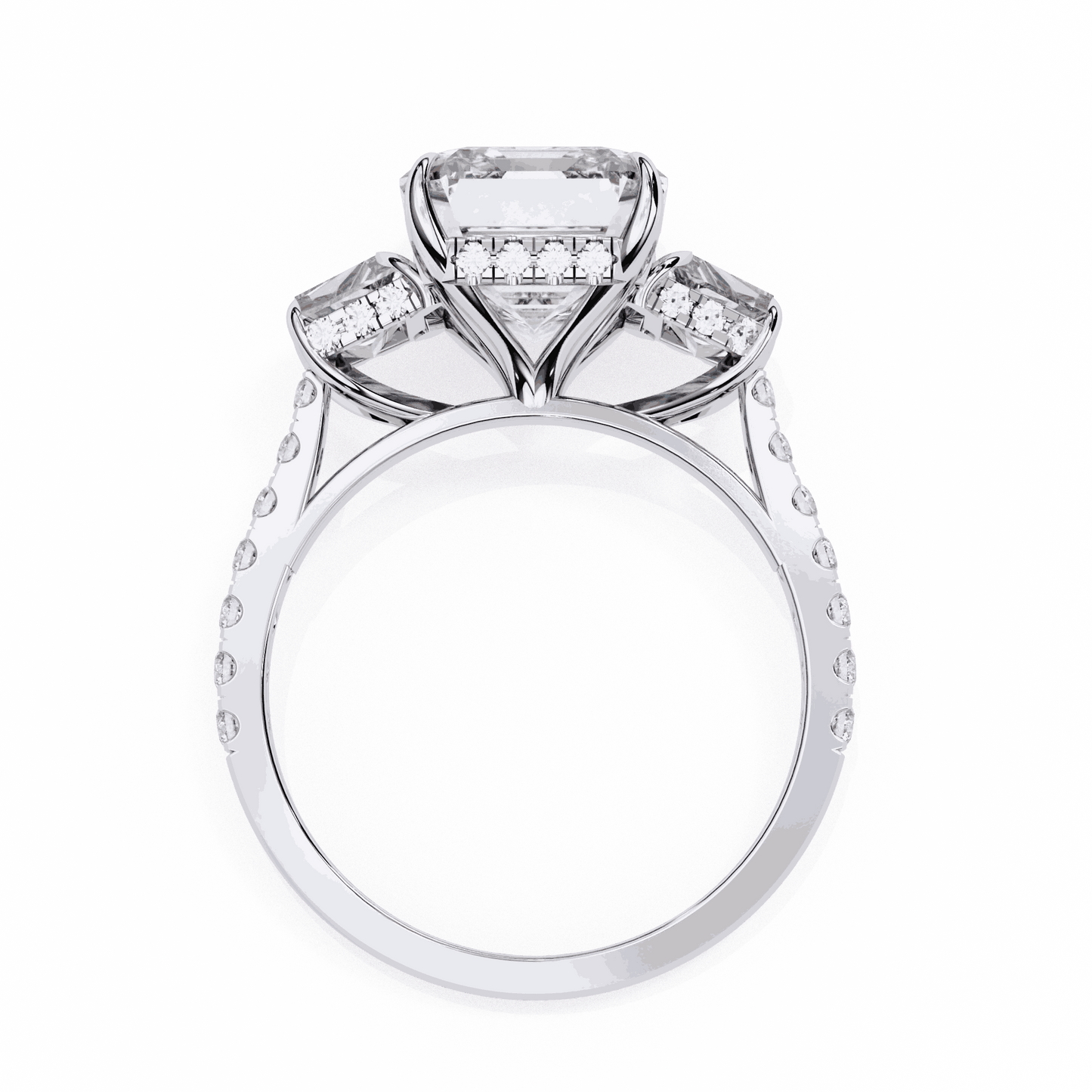 Emerald Cut Lab Grown Diamond Three Stone Engagement Ring with Emerald Sides and Pavé Band