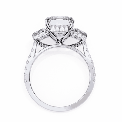 Emerald Cut Lab Grown Diamond Three Stone Engagement Ring with Emerald Sides and Pavé Band