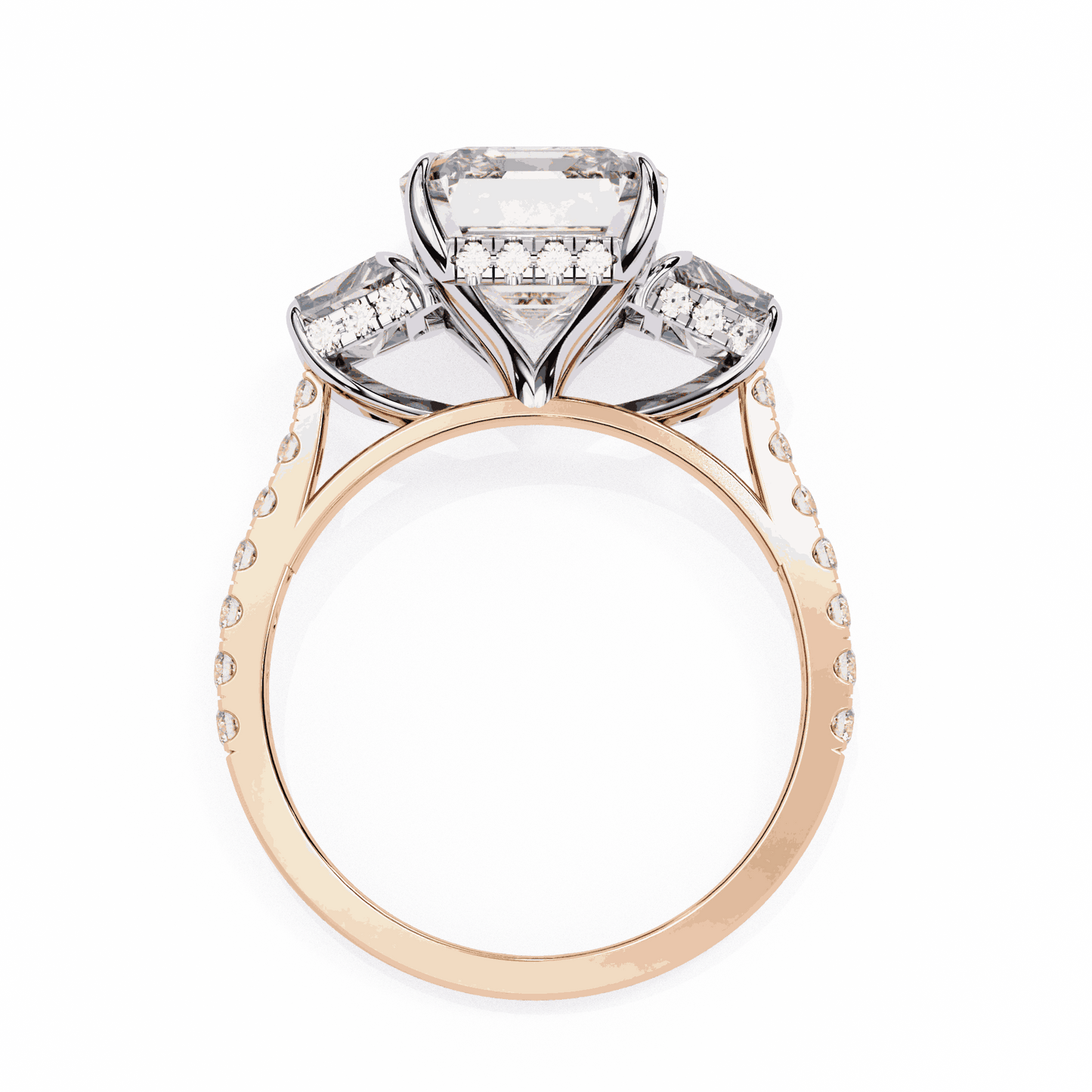 Emerald Cut Lab Grown Diamond Three Stone Engagement Ring with Emerald Sides and Pavé Band