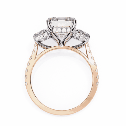 Emerald Cut Lab Grown Diamond Three Stone Engagement Ring with Emerald Sides and Pavé Band